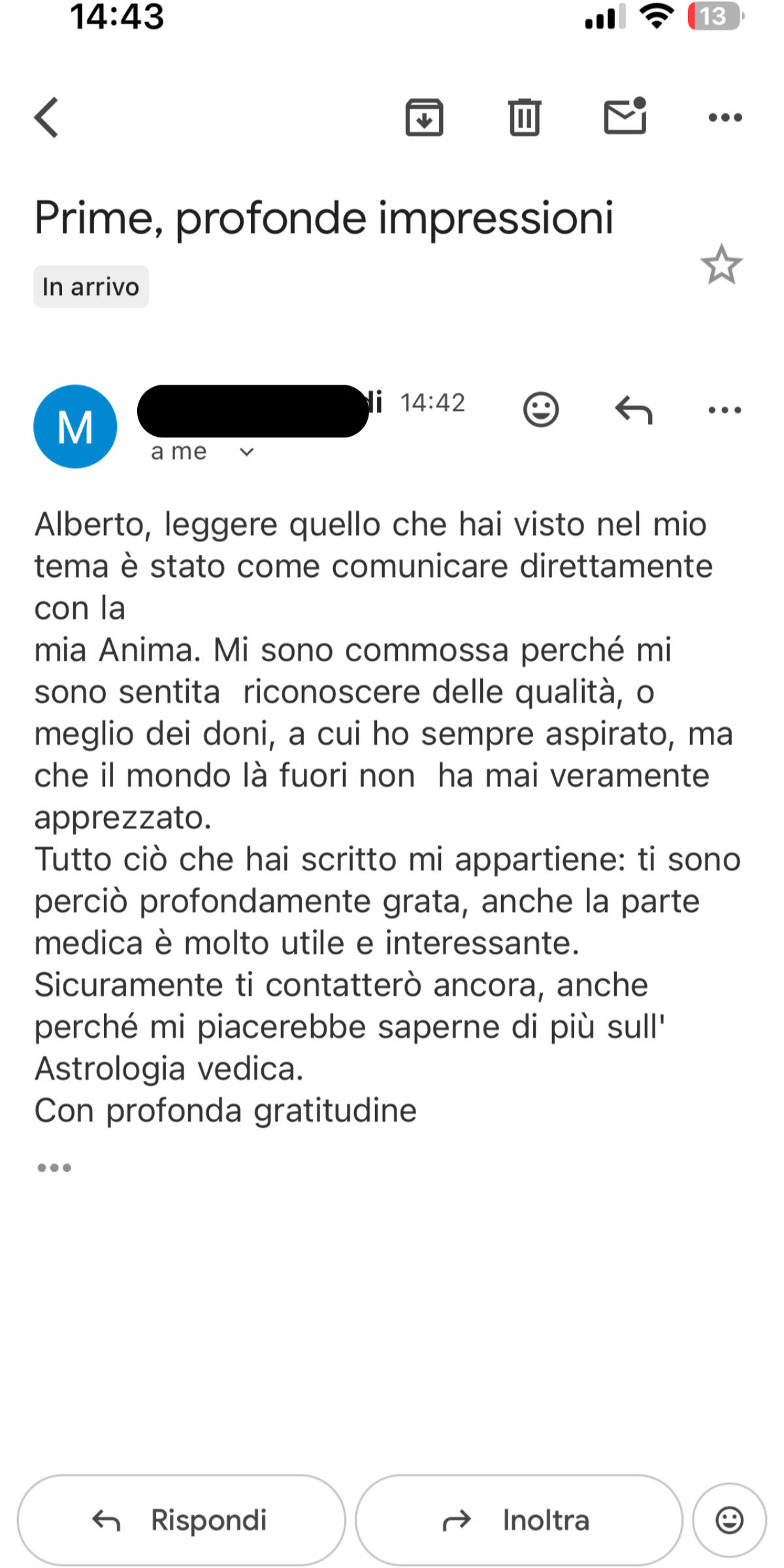 Testimonianza cliente 21 sulla carta astrale vedica di Alberto Riccio