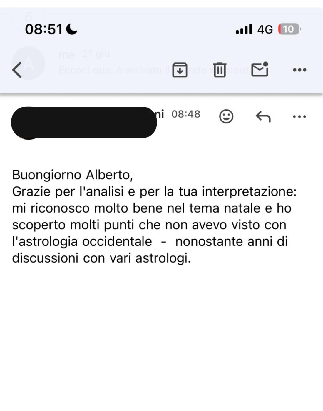 Testimonianza cliente 4 sulla carta astrale vedica di Alberto Riccio